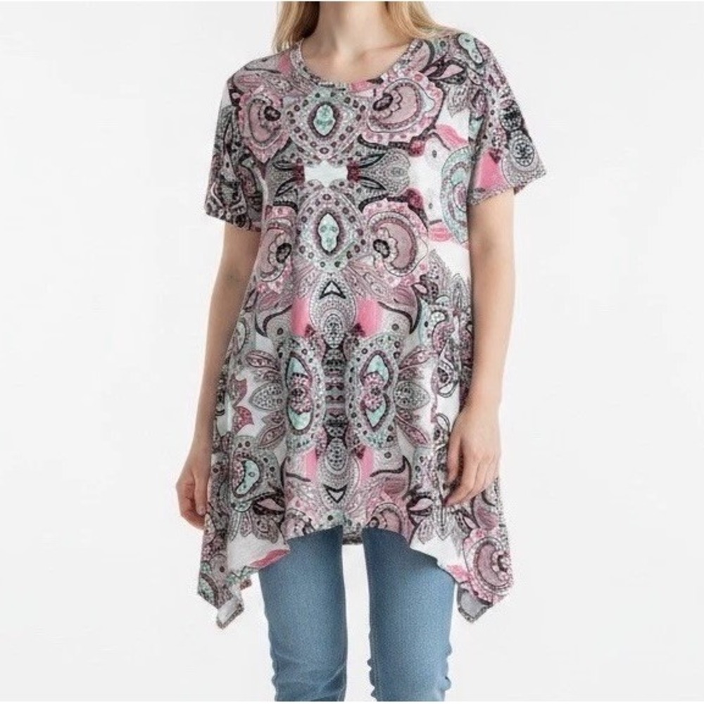 Boho Paisley Tunic Top Sharkbite Hem Women XL Pink Mint Short Sleeve Swing Artsy